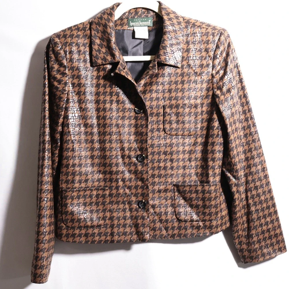 VTG Harve Benard Brown‎ Houndstooth Jacket Faux Leather Glamoratti Mob Wife 8 P